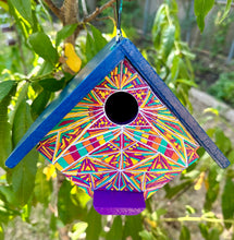 Load image into Gallery viewer, Hand Painted Purple and Yellow Wooden Hanging Bird House

