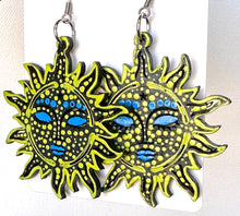 Load image into Gallery viewer, Yellow and Blue Hand Painted Sun Face Earrings
