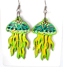 Load image into Gallery viewer, Green and Yellow Hand Painted Jellyfish Earrings
