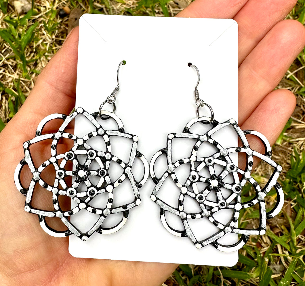 Hand Painted Black White and Silver Geometric Floral Earrings