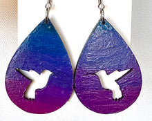 Load image into Gallery viewer, Purple and Blue Hand Painted Hummingbird in Teardrop Earrings
