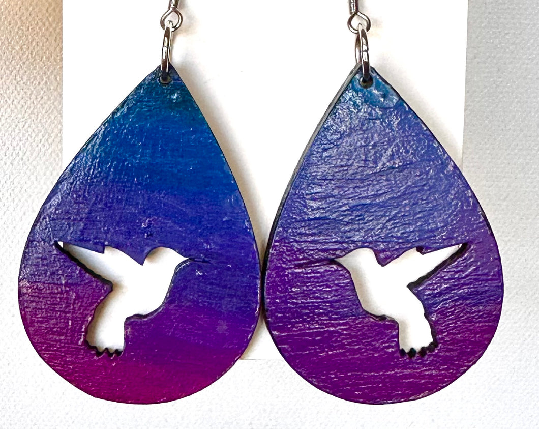 Purple and Blue Hand Painted Hummingbird in Teardrop Earrings