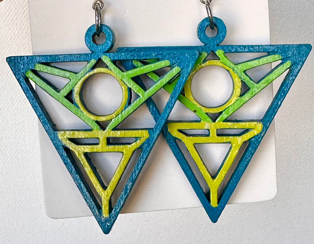 Green and Blue Hand Painted Geometric Earrings