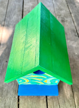 Load image into Gallery viewer, Hand Painted Green and Blue Wooden Bird House
