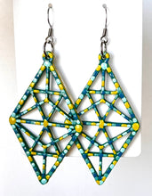 Load image into Gallery viewer, Green and Yellow Hand Painted Geometric Diamond Shaped Earrings
