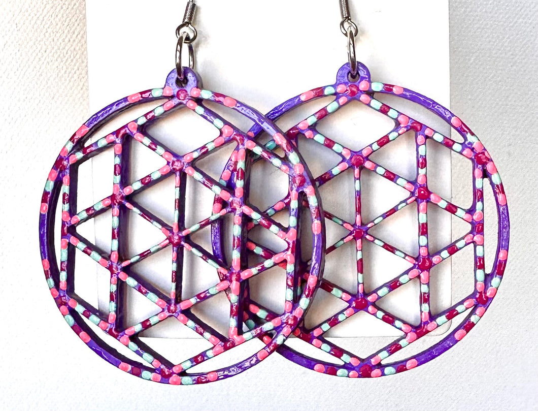 Purple and Pink Hand Painted Geometric Circle Earrings