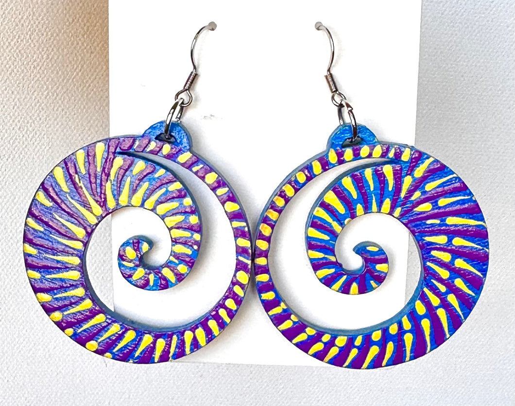 Purple and Yellow Hand Painted Swirl in Circle Earrings