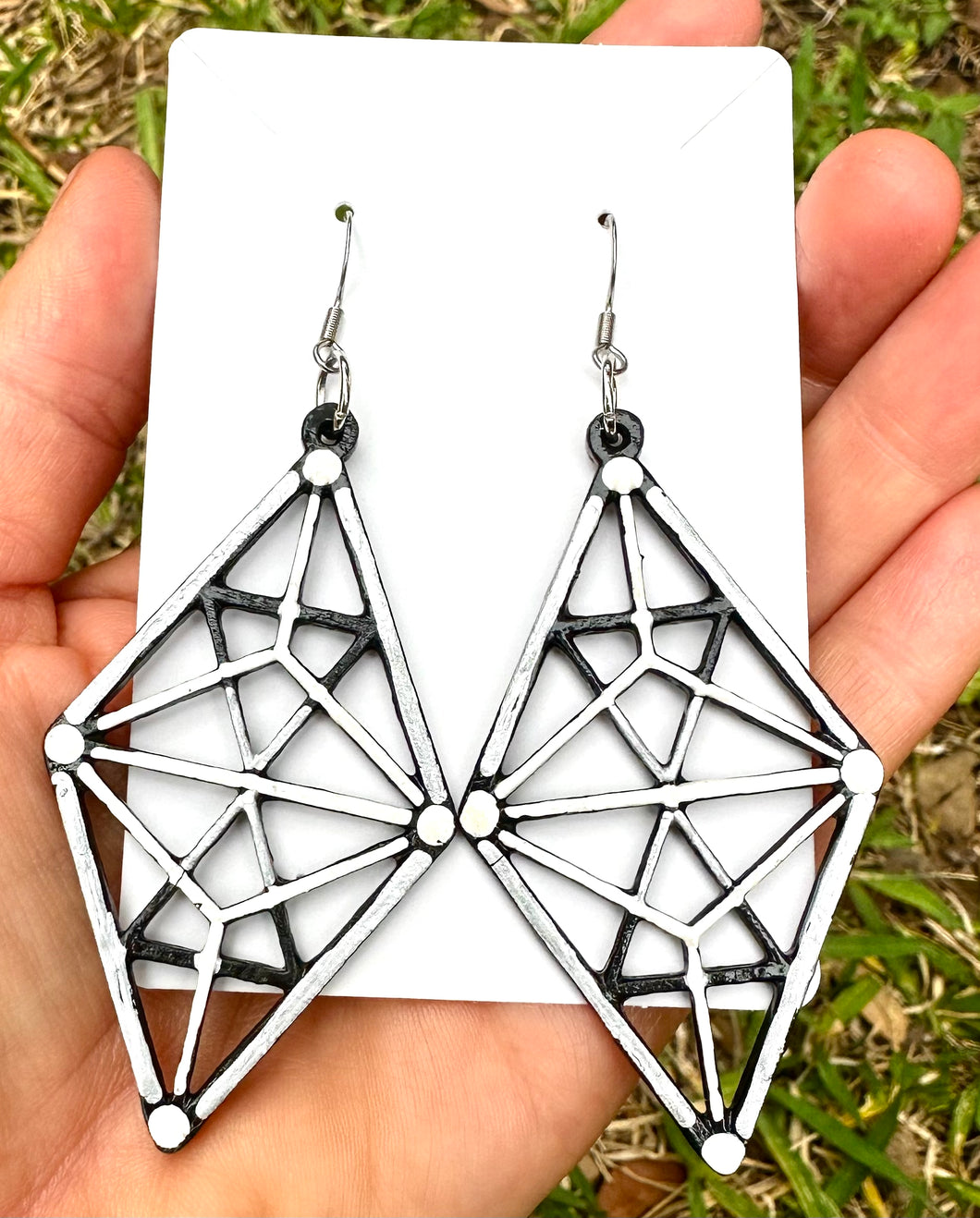 Hand Painted Black White and Silver Geometric Diamond Shaped Earrings