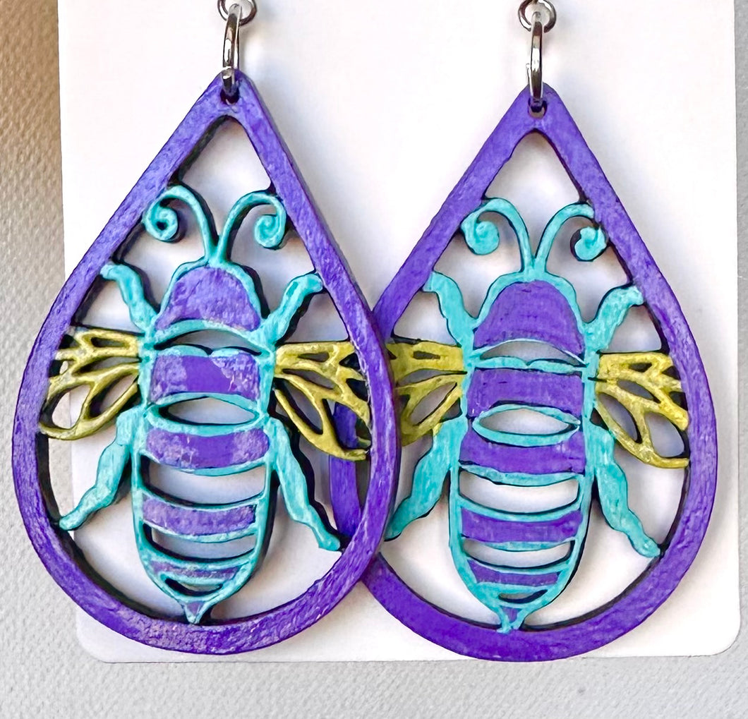 Purple and Light Blue Bee in Teardrop Earrings