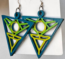 Load image into Gallery viewer, Green and Blue Hand Painted Geometric Earrings

