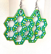 Load image into Gallery viewer, Green and White Hand Painted Honey Comb Earrings
