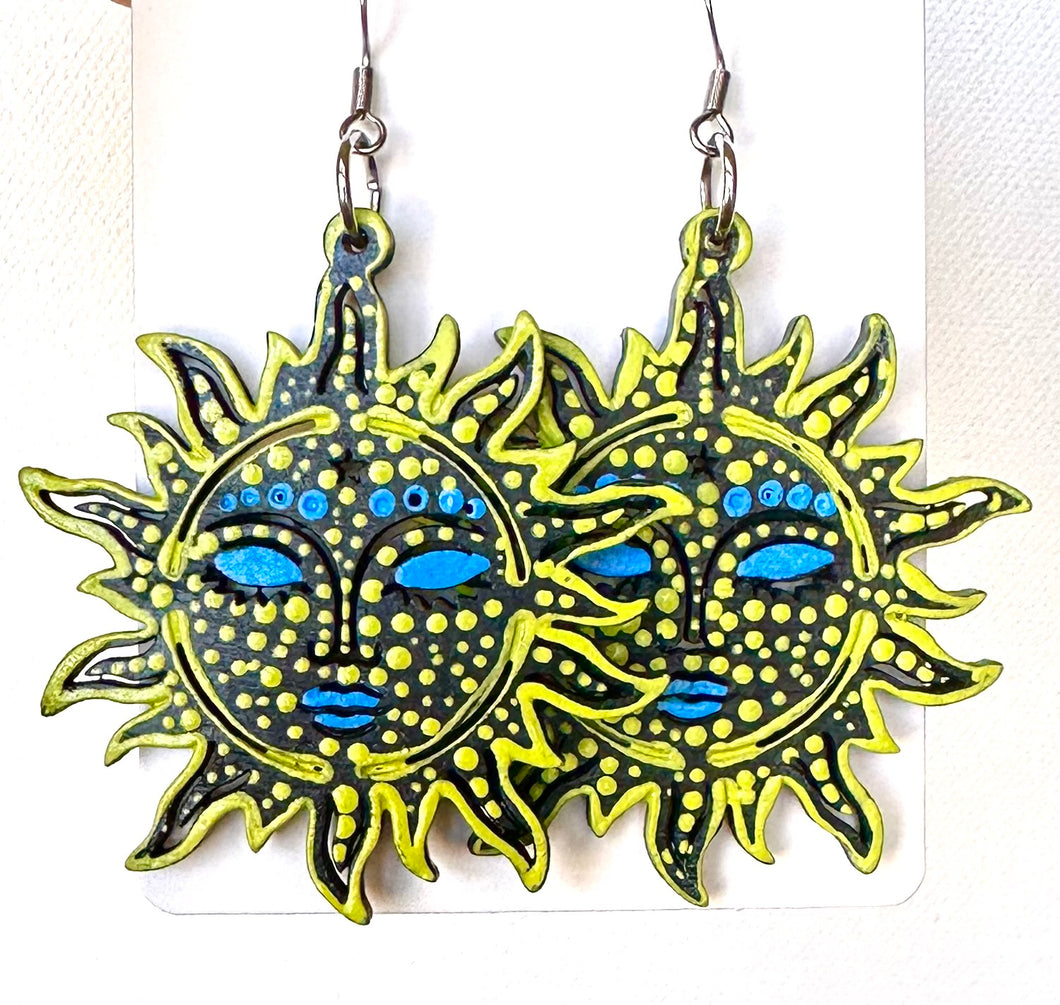 Yellow and Blue Hand Painted Sun Face Earrings