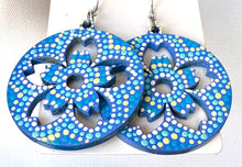 Load image into Gallery viewer, Blue and Yellow Hand Painted Flower Hoop Earrings
