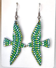 Load image into Gallery viewer, Green and White Hand Painted Bird Earrings
