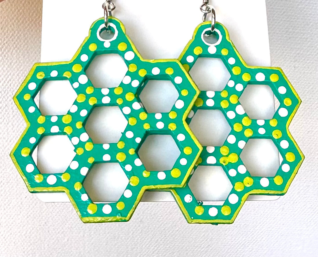 Green and White Hand Painted Honey Comb Earrings