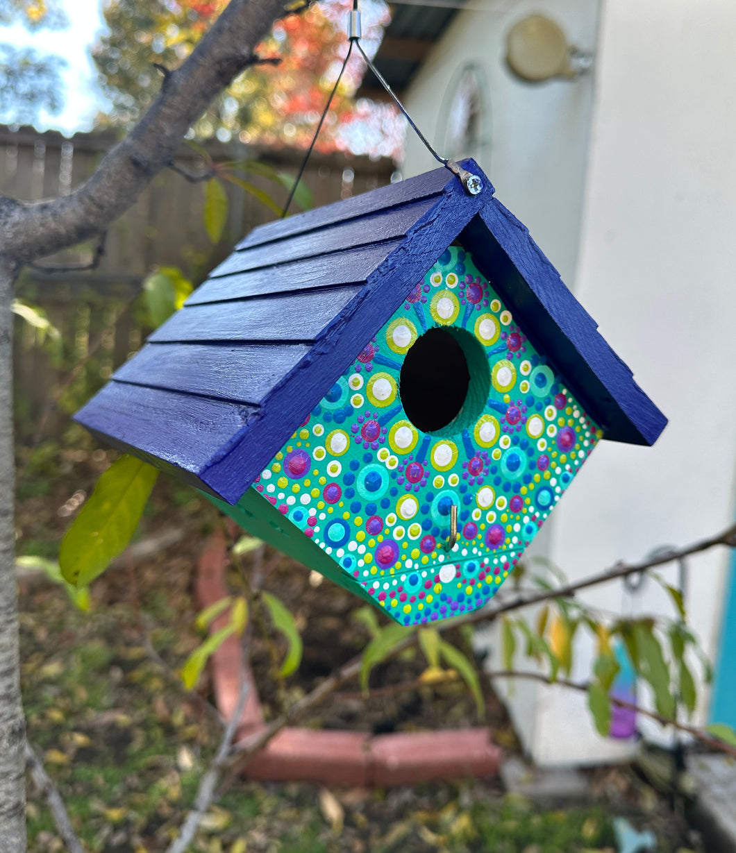 Hand Painted Blue and Green Wooden Hanging Birdhouse