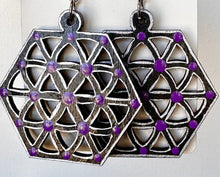 Load image into Gallery viewer, Black and Purple Hand Painted Hexagon Earrings
