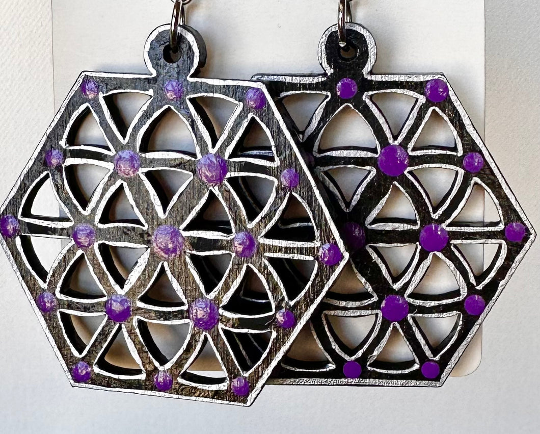 Black and Purple Hand Painted Hexagon Earrings