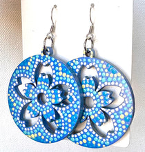 Load image into Gallery viewer, Blue and Yellow Hand Painted Flower Hoop Earrings
