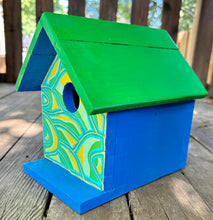 Load image into Gallery viewer, Hand Painted Green and Blue Wooden Bird House

