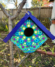 Load image into Gallery viewer, Hand Painted Blue and Green Wooden Hanging Birdhouse
