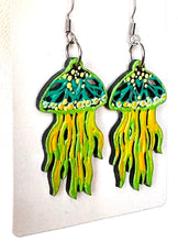 Load image into Gallery viewer, Green and Yellow Hand Painted Jellyfish Earrings
