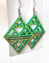 Load image into Gallery viewer, Green and Orange Hand Painted Geometric Diamond Shaped Earrings

