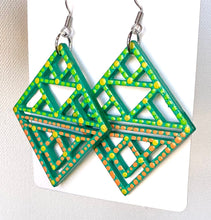 Load image into Gallery viewer, Green and Orange Hand Painted Geometric Diamond Shaped Earrings
