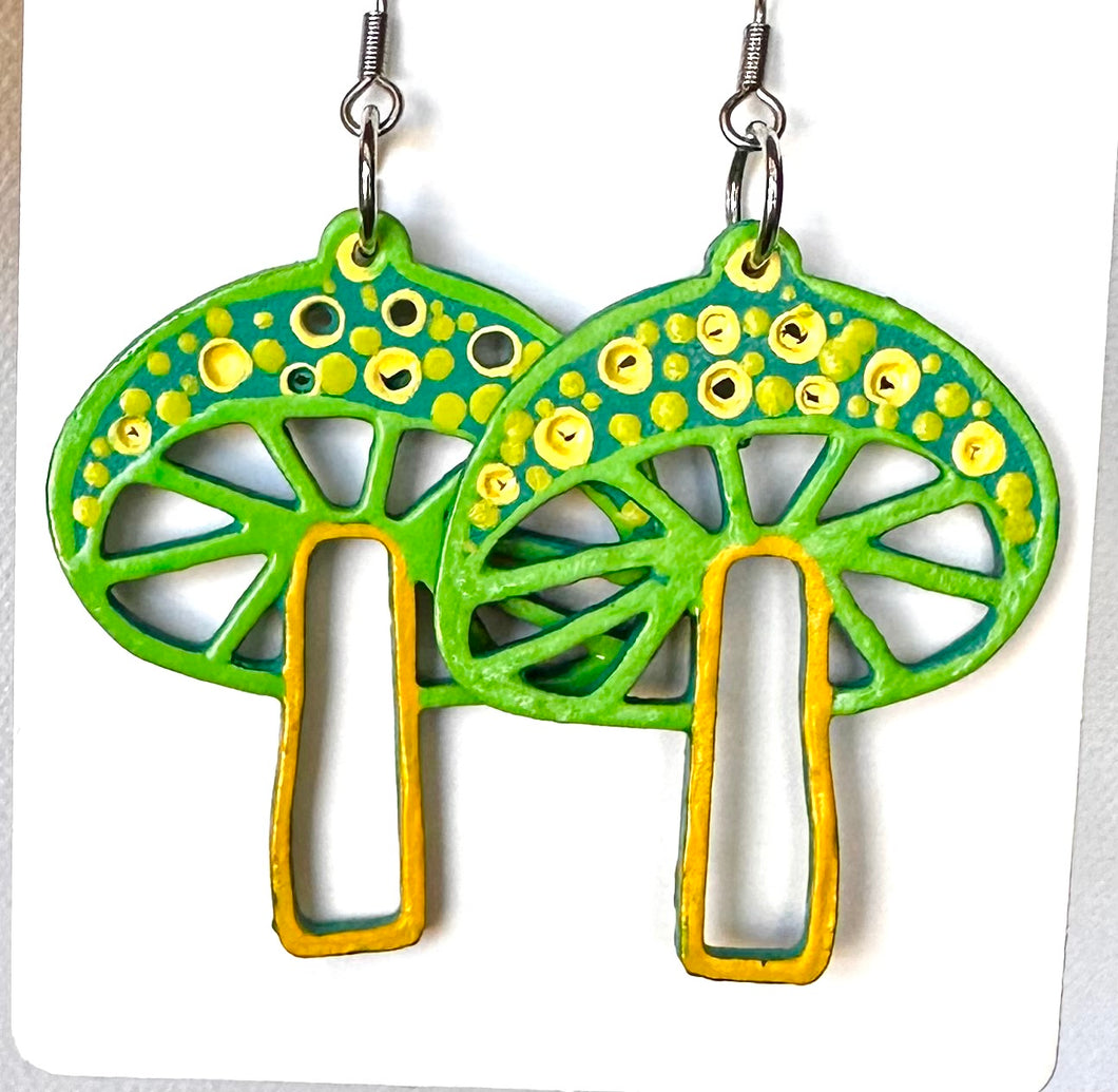 Green and Yellow Hand Painted Mushroom Earrings