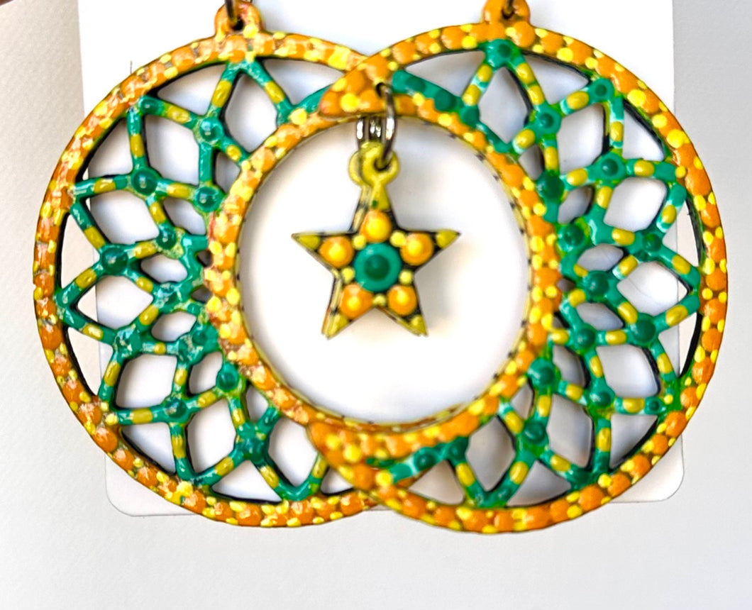 Yellow and Green Hand Painted Crescent Moon with Hanging Star Earrings