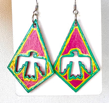 Load image into Gallery viewer, Pink and Green Hand Painted Thunderbird Earrings
