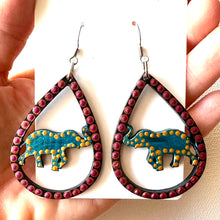 Load image into Gallery viewer, Metallic Blue and Gold Hand Painted Elephant in Teardrop Earrings
