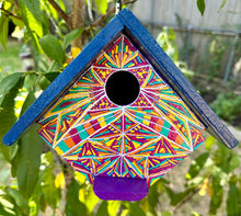 Load image into Gallery viewer, Hand Painted Purple and Yellow Wooden Hanging Bird House

