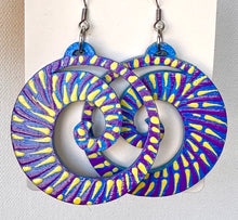 Load image into Gallery viewer, Purple and Yellow Hand Painted Swirl in Circle Earrings
