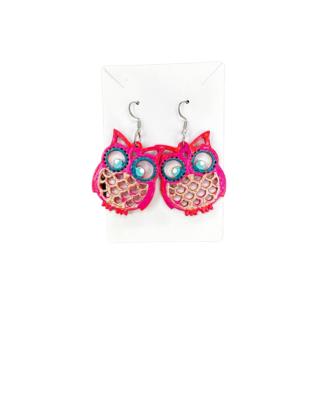 Hand Painted Pink and Blue Owl Earrings