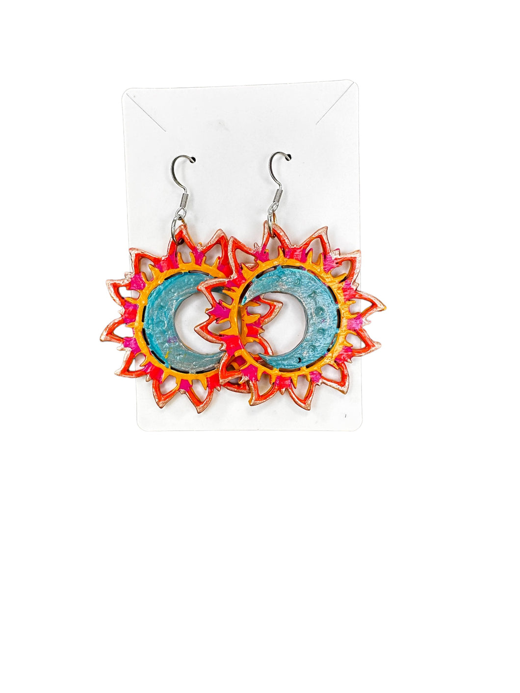 Hand Painted Blue and Orange Sun and Moon Earrings