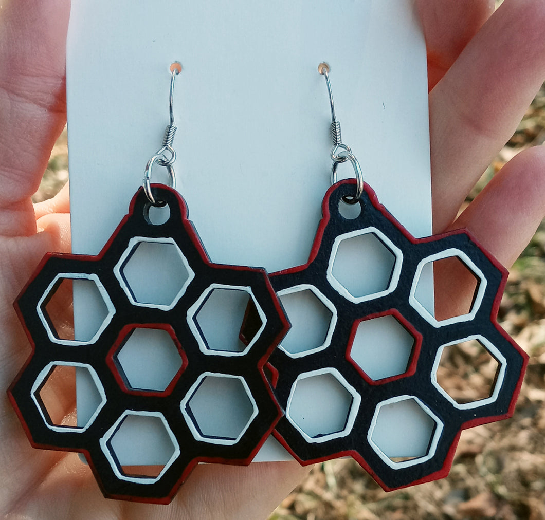 Hand Painted Black and Red Honey Comb Earrings