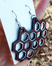 Load image into Gallery viewer, Hand Painted Black and Red Honey Comb Earrings
