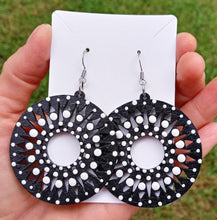 Load image into Gallery viewer, Hand Painted Black and White Triangles in Circle Earrings
