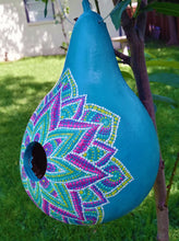 Load image into Gallery viewer, Hand Painted Blue and Pink Dot Art Design Hanging Gourd Bird House

