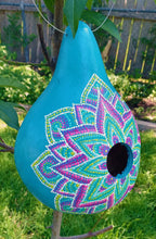 Load image into Gallery viewer, Hand Painted Blue and Pink Dot Art Design Hanging Gourd Bird House
