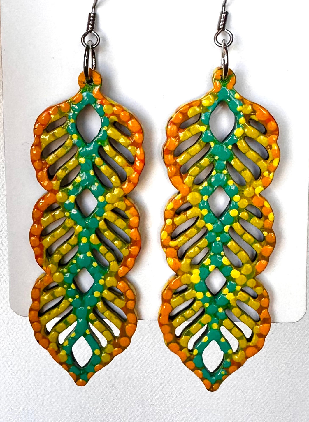 Yellow and Green Hand Painted Long Leaves Earrings