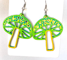 Load image into Gallery viewer, Green and Yellow Hand Painted Mushroom Earrings
