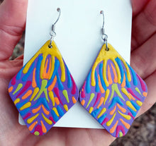 Load image into Gallery viewer, Hand Painted Purple and Yellow Diamond Shaped Earrings
