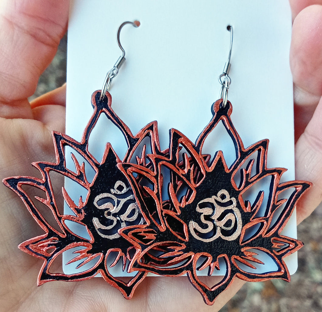 Hand Painted Black and Copper Om Symbol Lotus Earrings