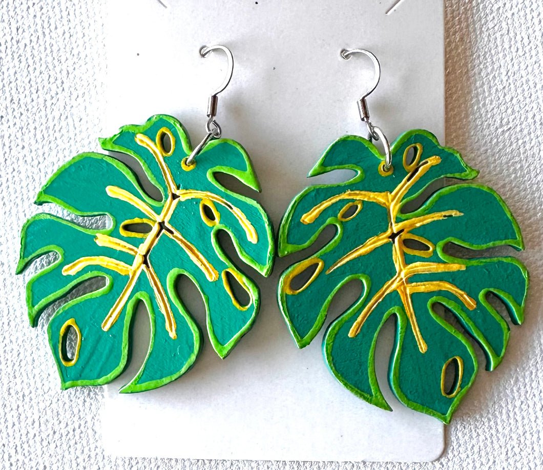 Green and Yellow Hand Painted Leaf Earrings