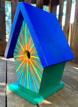 Load image into Gallery viewer, Hand Painted Blue and Yellow Wooden Bird House
