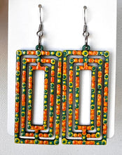 Load image into Gallery viewer, Orange and Green Hand Painted Geometric Rectangle Earrings
