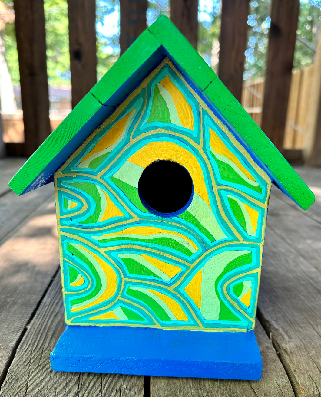 Hand Painted Green and Blue Wooden Bird House