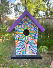 Load image into Gallery viewer, Hand Painted Purple and Dark Blue Wooden Hanging Birdhouse
